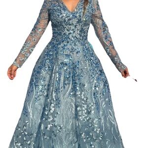 Mac Duggal Blue and Silver Long Sleeve Gown for Prom